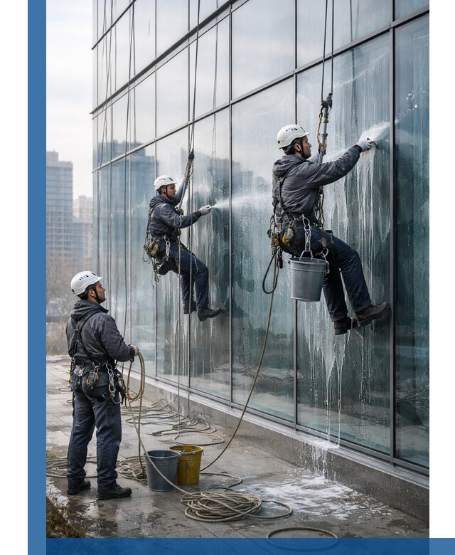 Промышленная мойка панорамных окон на высоте в Печоре