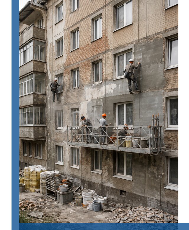 Капитальный ремонт фасада в Печоре с восстановлением и гидроизоляцией