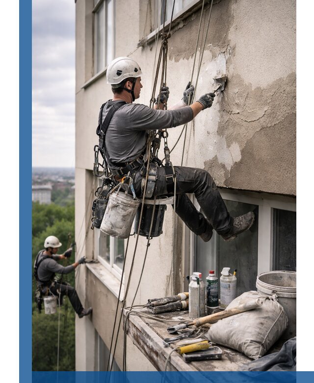 Косметический ремонт фасада зданий в Печоре промышленными альпинистами