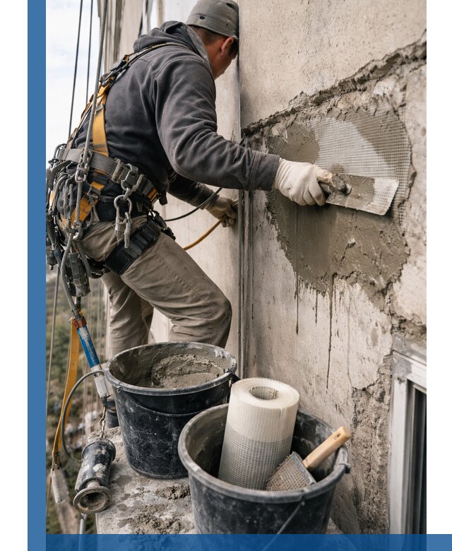 Ремонт бетонных элементов фасада промышленными альпинистами в Печоре