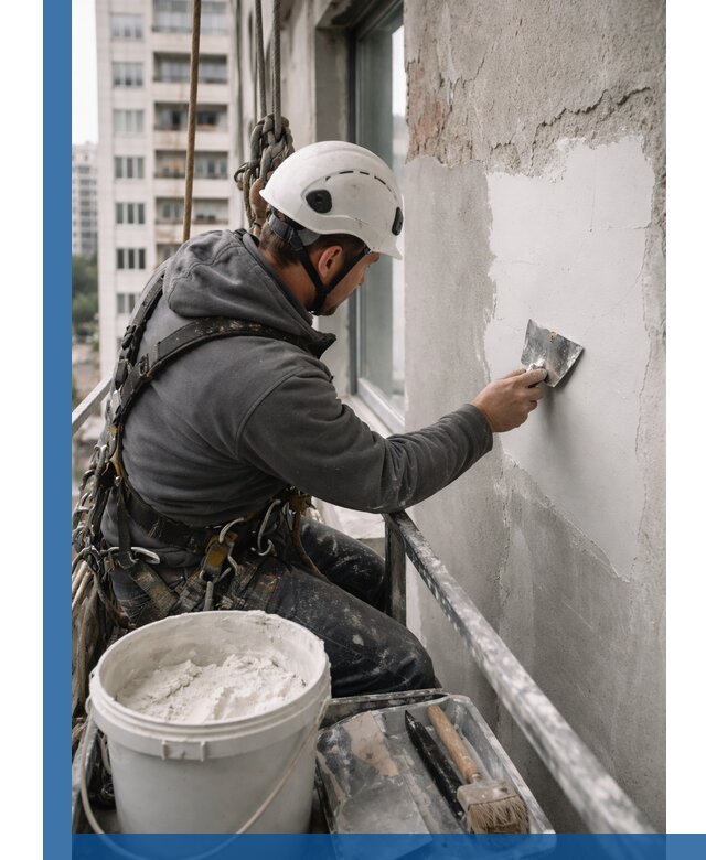 Шпаклевка фасадов на высоте с промальпинистами в Печоре