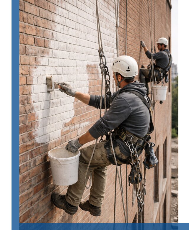 Покраска кирпичного фасада с доступным альпинистским сервисом в Печоре