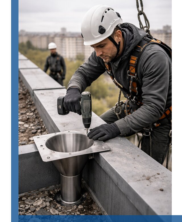 Монтаж водосточных воронок в Печоре для промышленных зданий