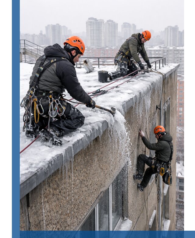 Удаление наледи с кровли в Печоре промышленными альпинистами