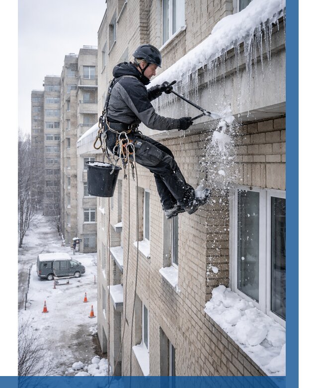 Удаление наледи с карнизов в Печоре от 356 р. | ВЫСОТНИК-Пчр