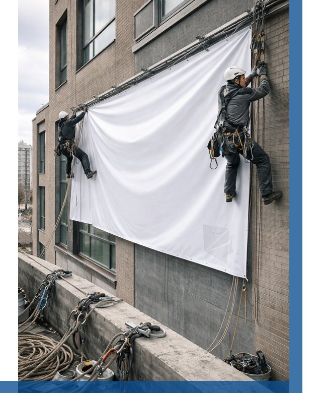 Монтаж баннеров на фасаде в Печоре от 662 р. заказать ВЫСОТНИК-Пчр