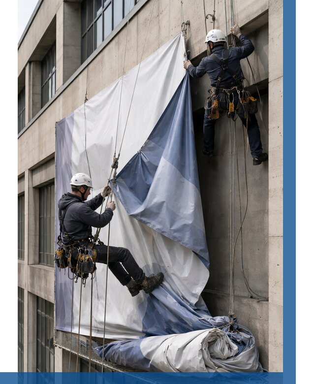 Демонтаж баннеров с фасада в Печоре от 4582 р. | ВЫСОТНИК-Пчр