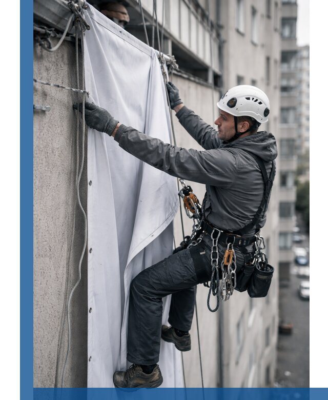 Замена баннерного полотна промышленными альпинистами в Печоре