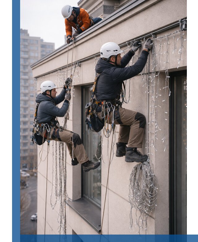 Монтаж праздничных гирлянд на фасаде в Печоре для зданий