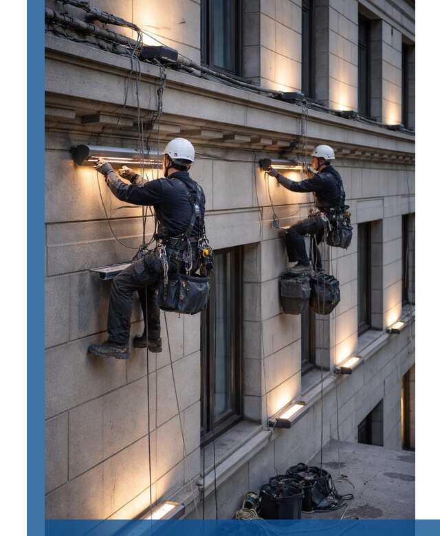 Монтаж архитектурной подсветки фасадов зданий в Печоре