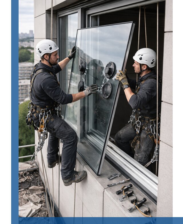 Замена стеклопакетов на высоте с промышленными альпинистами в Печоре