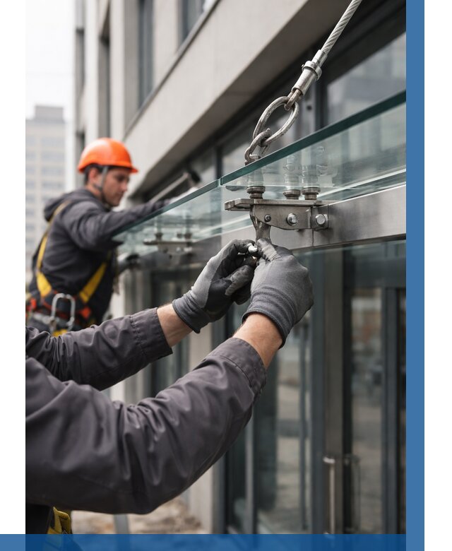 Монтаж стеклянных козырьков в Печоре от 8655 р. | ВЫСОТНИК-Пчр