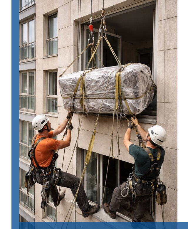 Подъем грузов через окно в Печоре промышленными альпинистами