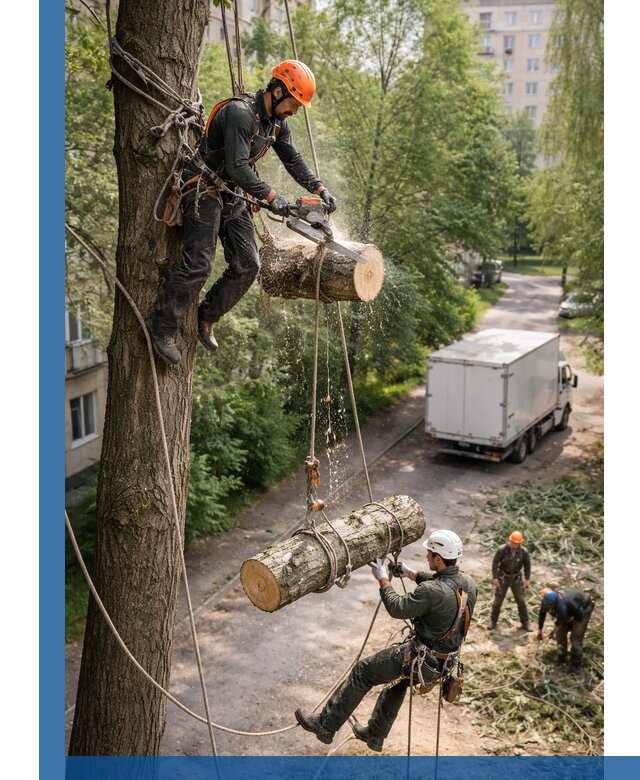 Спил деревьев альпинистами в Печоре, безопасно и без повреждений