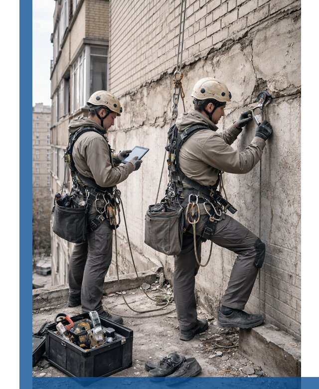 Обследование фасада промышленными альпинистами в Печоре